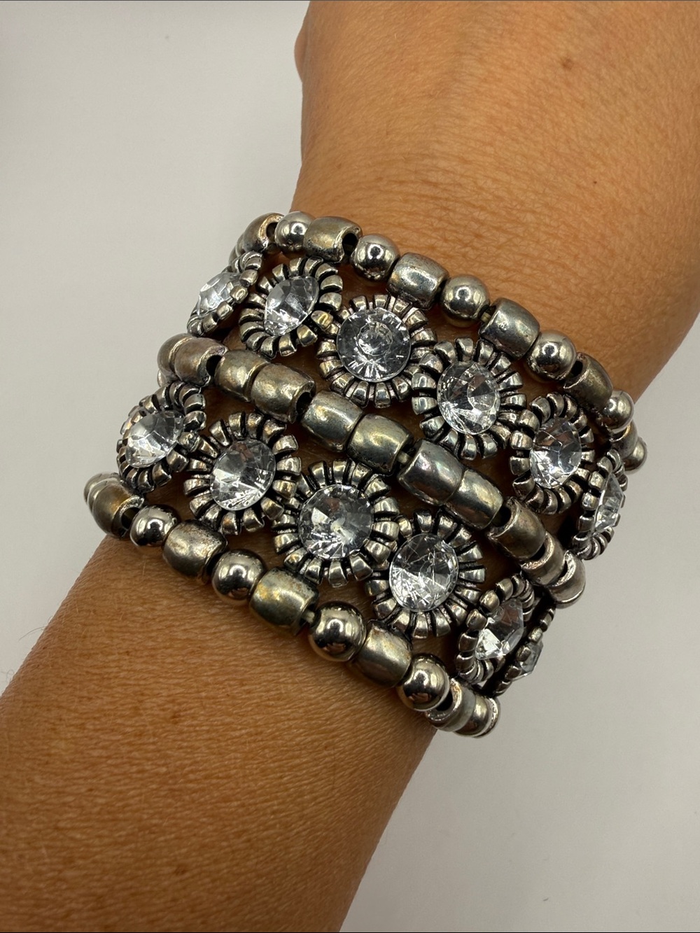 Vintage Silver Tone Rhinestone Crystal Large Cuff Bangle Statement Bracelet